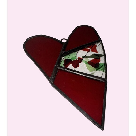 Stained fused Glass Heart Ornament Red Green Mosaic sun catcher - Picture 2 of 6